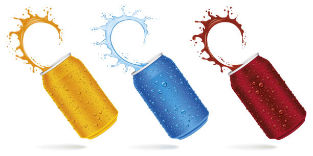 istock Design template can cola, juice drink, water with splash and many drops 1209016373