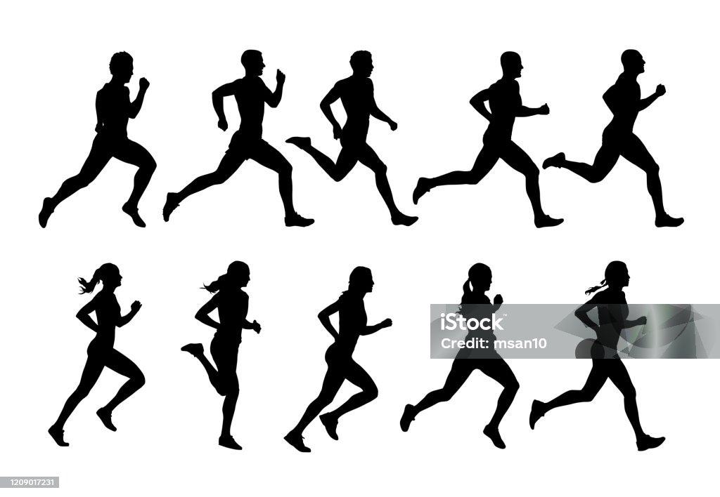 Running people, vector runners, group of isolated silhouettes, side view - Royalty-free Correr arte vetorial