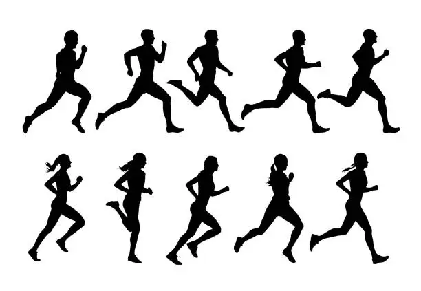 Vector illustration of Running people, vector runners, group of isolated silhouettes, side view