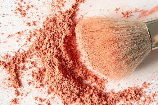 Closeup of eyeshadow blush palette and brushes