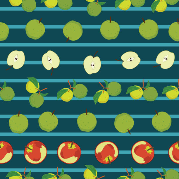 Seamless pattern with apples on dark green background with stripes Seamless pattern with apples on dark green background with stripes illustration green apple on green background stock illustrations
