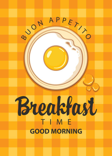 vector banner for breakfast time with fried egg Vector menu or banner on the theme of Breakfast time. Illustration with fried egg Sunny side up and inscriptions on the background of a checkered tablecloth in retro style omelette on the plate stock illustrations