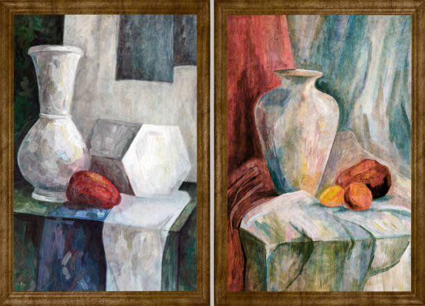 istock Two paintings by the artist in a wooden frame. 1209020673