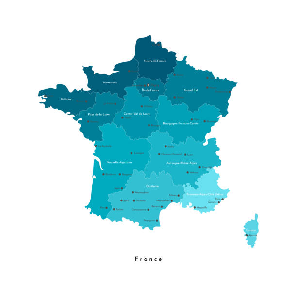 Vector isolated modern illustration. Simplified geographical  map of France (Mainland region). Blue shape, whie background. Names of big french cities and regions Vector isolated modern illustration. Simplified geographical  map of France (Mainland region). Blue shape, whie background. Names of big french cities and regions. isolated on whie stock illustrations