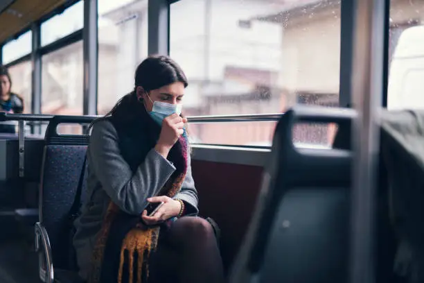 Photo of Worried Woman With Protective Face Mask In Bus Transport.