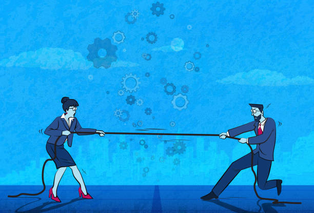 Tug of War-Business World Businessman and businesswoman tug of war rivalry concept.(Used clipping mask) gender equality at work stock illustrations