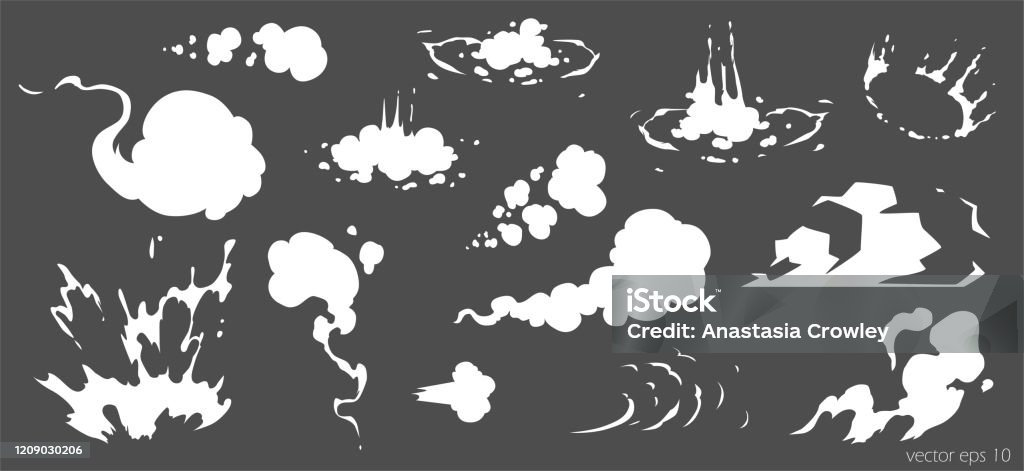 ベクトル煙は特殊効果テンプレートを設定します。漫画の蒸気雲、パフ、ミスト、霧、水っぽい蒸気やほこり爆発2D VFXイラスト。ゲーム、印刷、広告、メニュー、ウェブデザインのためのク� - 煙のロイヤリティフリーベクトルアート