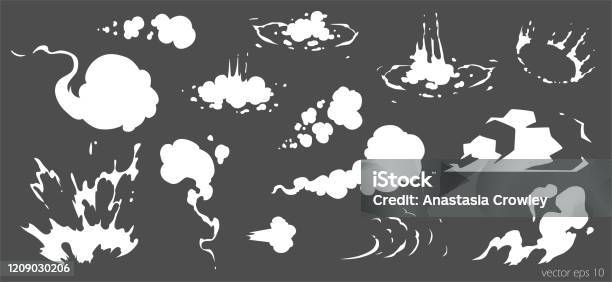 ベクトル煙は特殊効果テンプレートを設定します漫画の蒸気雲パフミスト霧水っぽい蒸気やほこり爆発2d Vfxイラストゲーム印刷広告メニューウェブデザインのためのク - 煙のベクターアート素材や画像を多数ご用意