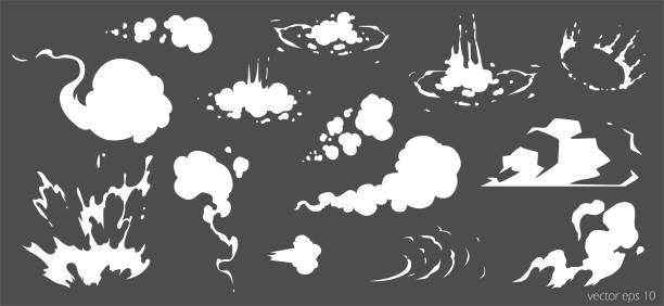 szablon efektów specjalnych zestawu efektów specjalnych dymu wektorowego. kreskówkowe chmury parowe, puff, mgła, mgła, wodnisty para lub wybuch pyłu 2d ilustracja vfx. element clipart do gier, druku, reklamy, menu i projektowania stron internetowych - wiatr obrazy stock illustrations