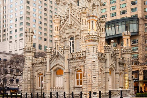 close up to the water tower historic building in te magnificent mile, chicago - water tower imagens e fotografias de stock