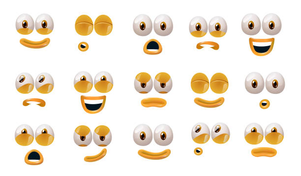 ilustrações de stock, clip art, desenhos animados e ícones de cartoon faces. expressive eyes and mouth, smiling, crying and surprised character face expressions. caricature comic emotions or emoticon doodle. isolated vector illustration icons set - food smiling human eye facial expression