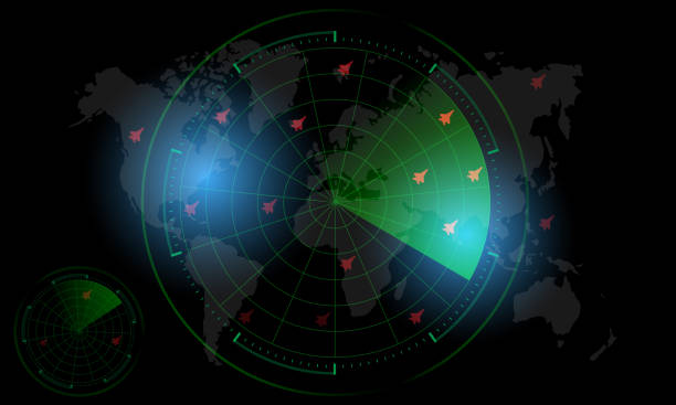 istock Radar Monitor. Air Traffic Control Radar screen and plane that is flying in the screen. background is a world map. Vector illustration 1209030372
