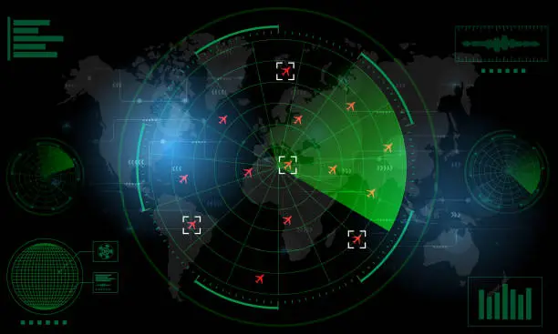 Vector illustration of Radar Monitor. Air Traffic Control Radar screen and plane that is flying in the screen. background is a world map. Vector illustration