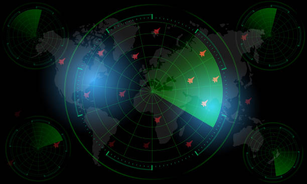 istock Radar Monitor. Air Traffic Control Radar screen and plane that is flying in the screen. background is a world map. Vector illustration 1209030391