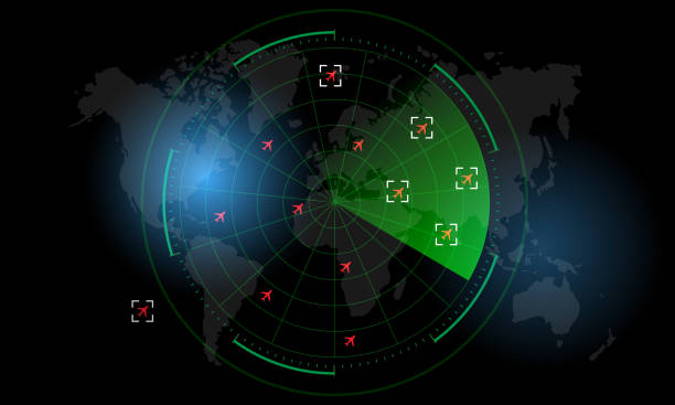 istock Radar Monitor. Air Traffic Control Radar screen and plane that is flying in the screen. background is a world map. Vector illustration 1209030406