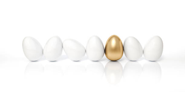 istock Outstanding golden egg in row of the white eggs on white background 3d rendering. 3d illustration idea and luxury of happy easter eggs holiday card template minimal concept. 1209033655