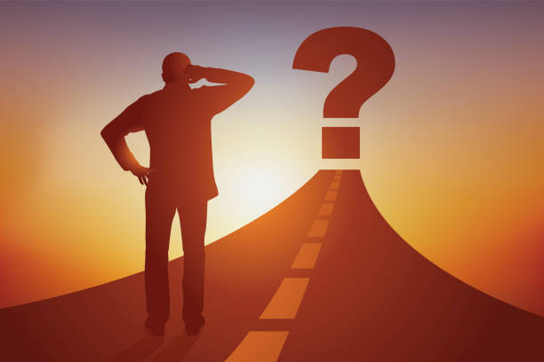Concept of choice with a man who wonders before embarking in one direction. Concept of decision-making with a businessman who hesitates and wonders about the choice he must make before embarking on the path to success. dedication industry stock illustrations
