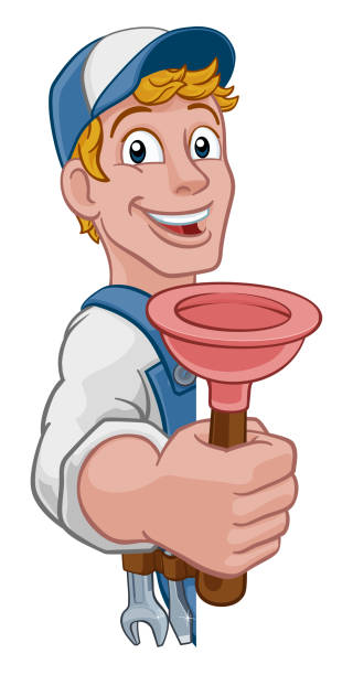 ilustrações, clipart, desenhos animados e ícones de encanador cartoon plumbing drain plunger handyman - frame smiling white background human hand