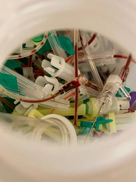 istock Medical waste and used syringes in container 1209041091