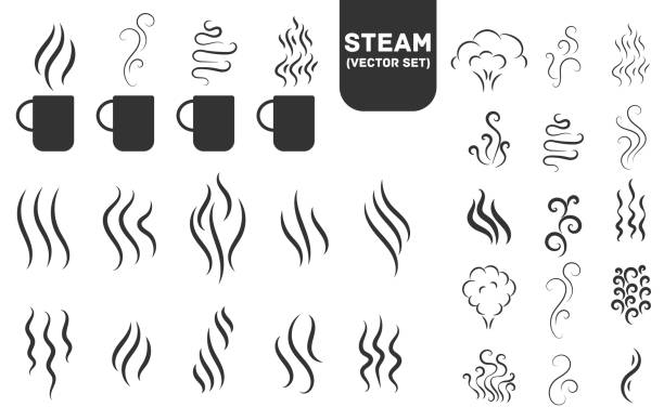 Fragrances evaporate icons. Fragrances evaporate icons. Smells line icon set, hot aroma, smells or fumes. Coffee cup icon. Symbols of glasses of hot drinks on white background. Vector illustration doodle hand drawn, EPS 10. cumulus clouds drawing stock illustrations