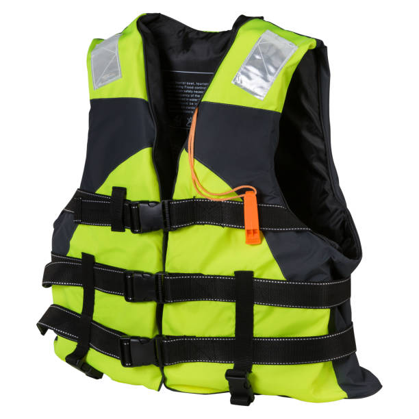 istock green life jacket with a whistle, on a white background, deployed half-sided, fastened 1209041944