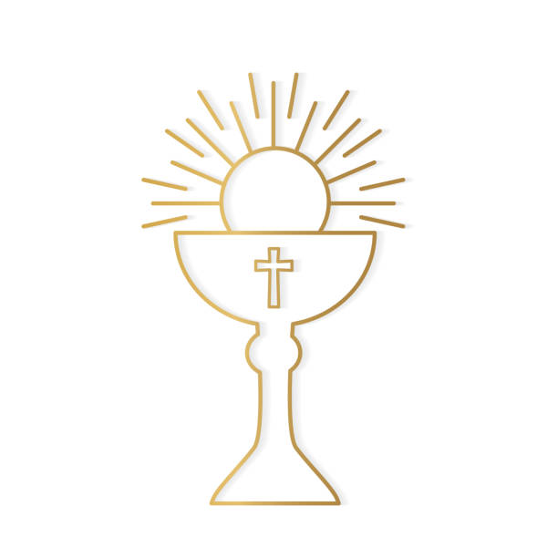ilustraciones, imágenes clip art, dibujos animados e iconos de stock de icono de la santa comunión dorada - dibujo comunión