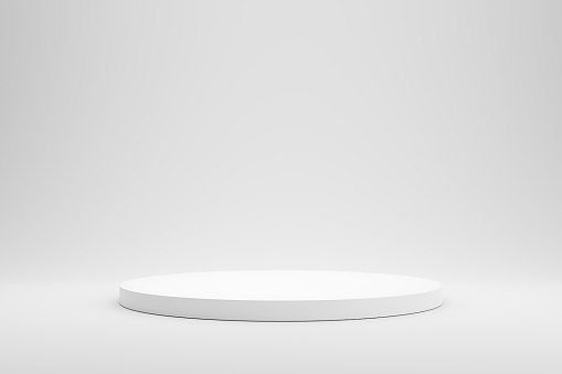 Podio vacío o pantalla de pedestal sobre fondo blanco con concepto de soporte de cilindro. Estante de producto en blanco de pie telón de fondo. Renderizado 3D. photo