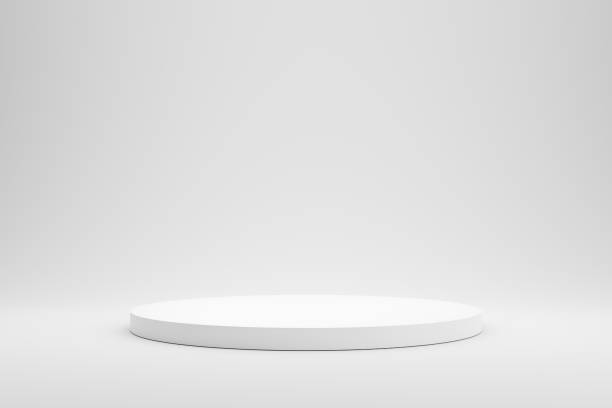 pódio vazio ou exibição pedestal em fundo branco com conceito de suporte de cilindro. prateleira de produtos em branco em pé. renderização 3d. - plataforma - fotografias e filmes do acervo