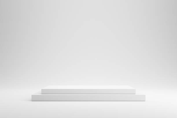 istock Empty podium or pedestal display on white background with box stand concept. Blank product shelf standing backdrop. 3D rendering. 1209045816