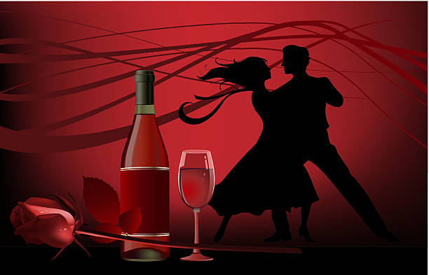 Two silhouettes of dancers with a bottle of wine and a rose vector art illustration