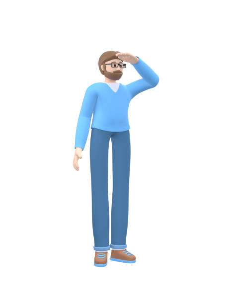 A young cheerful guy with a beard in glasses stands looking into the distance a hand above his eyes. Positive character in casual colored clothes isolated on a white background. Funny, abstract cartoon man. 3D rendering. un joven alegre con barba en gafas se para mirando a la distancia una mano por encima de sus ojos. carácter positivo en ropa de color casual aislada sobre un fondo blanco. un hombre de dibujos animados divertido y abstracto. renderizado 3d.