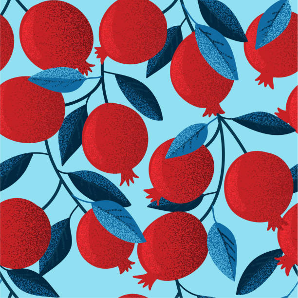 신선한 석류 원활한 패턴 일러스트 - pomegranate pomegranite tree tree leaf stock illustrations