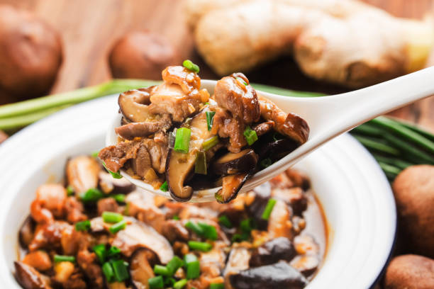 chińskie jedzenie i shiitake grzyb mieszać smażone z kurczakiem - edible mushroom shiitake mushroom fungus chinese cuisine zdjęcia i obrazy z banku zdjęć