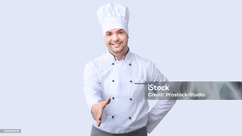 Handshake Chef Chef Stretching Hand For Handshake Greeting Standing White Background ...