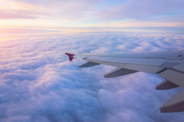 istock Airplane wing view in the morning sky at sunrise. 1209056358