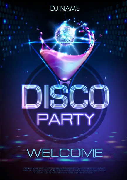 Vector illustration of Neon Disco cocktail party poster.