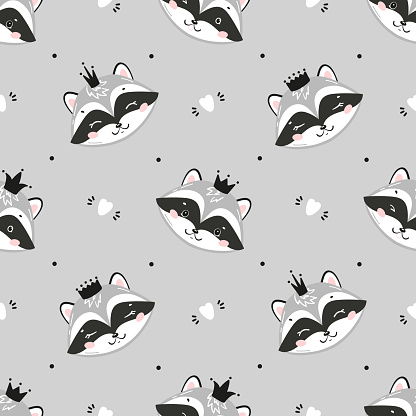 Princess Raccoons. Cute Little Raccoon Face with Crown and Hearts Seamless Pattern. Kawaii Animal Heads Childish Vector Background for Kids Fashion Design. Print for Nursery Wallpaper