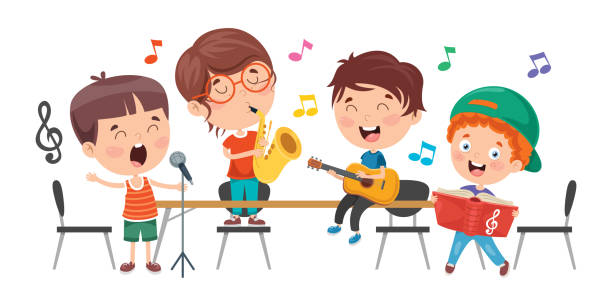 illustrazioni stock, clip art, cartoni animati e icone di tendenza di bambini piccoli che suonano musica in classe - childrens music