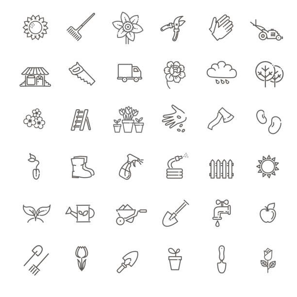 Collection of gardening vector line icons Vector line icon collection - Flower and Gardening watering pail stock illustrations