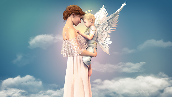 Portrait of a woman with a child angel, concept of friendship of an older woman and a cute small angel, 3d render.
