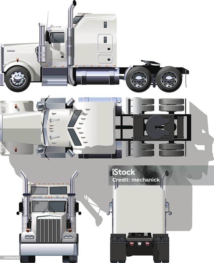 Hi detailed semi truck, frontal, back, top, side projections Vector hi-detailed illustration semi-truck. Available CDR-12 and AI-10 separated by groups (with transparecy option on shadows) for easy editing. Semi-Truck stock vector