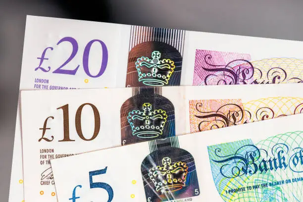 Close-up showing a set of UK polymer banknotes, issued by the Bank of England, with a £5, £10 and £20.