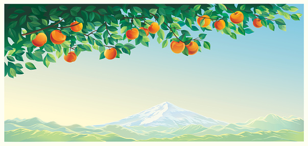 Vector illustration, landscape with an apple branch in the foreground and a chain of high mountains in the background.