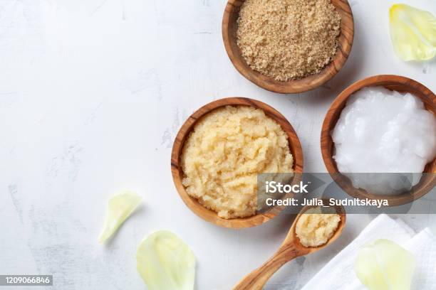 Sugar Body Scrub With Ingredients On White Stone Table Homemade Cosmetic For Spa And Beauty Stock Photo - Download Image Now