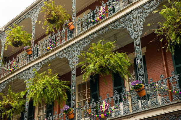 green potted plants hanging on wrought iron balcony in the french quarter of new orleans louisiana - southern charm imagens e fotografias de stock
