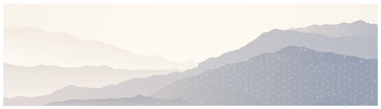 Mountain beautiful panoramic landscape in color halftone with the silhouettes of the mountains against the dawn and with decorative elements.