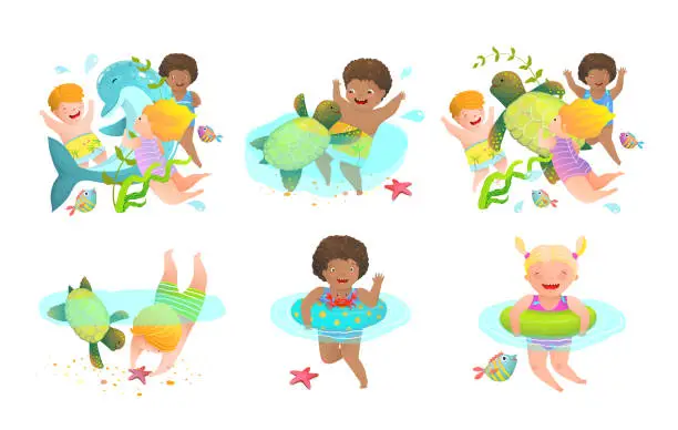 Vector illustration of Collection of Kids Boys and Girls swimming with sea animals playing joyful with turtle and dolphin.