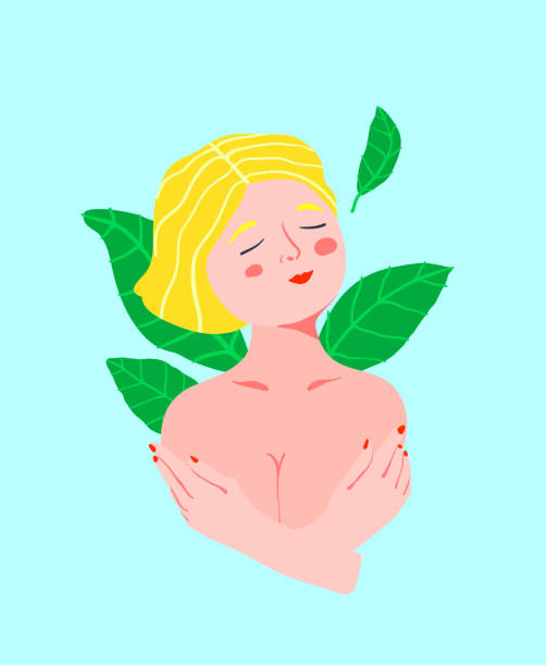 ilustrações, clipart, desenhos animados e ícones de jovem nua cuidando de sua beleza e design gráfico de saúde mamária para cuidados de saúde ou salão de beleza. - art women naked nudist