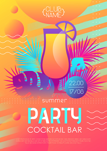 Summer disco cocktail party poster with tropic plants and geometric elements. Summertime template
