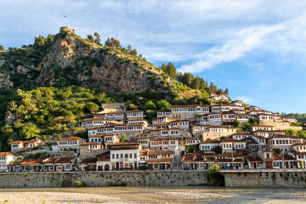 Traditional houses in the old town of Berat, Albania Historical oriental houses in the old city of Berat in Albania berat stock pictures, royalty-free photos & images